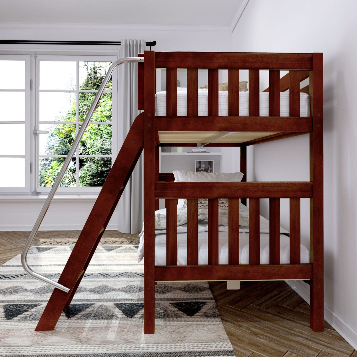 Wooden bunk bed with ladder in modern bedroom featuring large window and geometric rug.