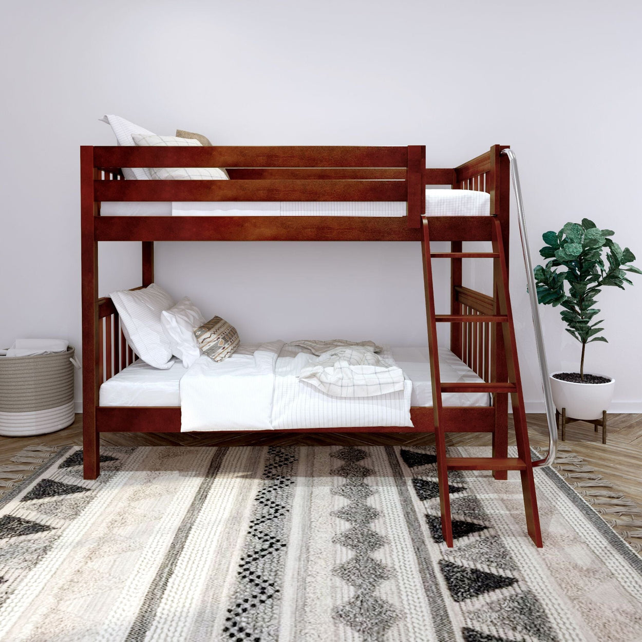 Wooden bunk bed with white bedding and decorative ladder in a modern bedroom featuring a patterned rug and a potted plant.