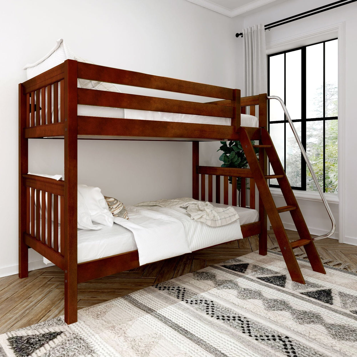 Wooden bunk bed with white bedding in a bright, modern bedroom with a window view and patterned rug.