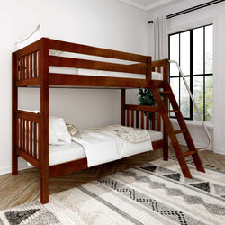 Wooden bunk bed with white bedding in a bright, modern bedroom with a window view and patterned rug.