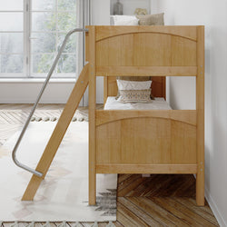 Wooden bunk bed with ladder in modern bedroom featuring large window and stylish decor.