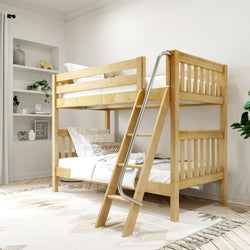 Wooden bunk bed with ladder in a cozy modern bedroom, featuring soft bedding and decorative shelves.