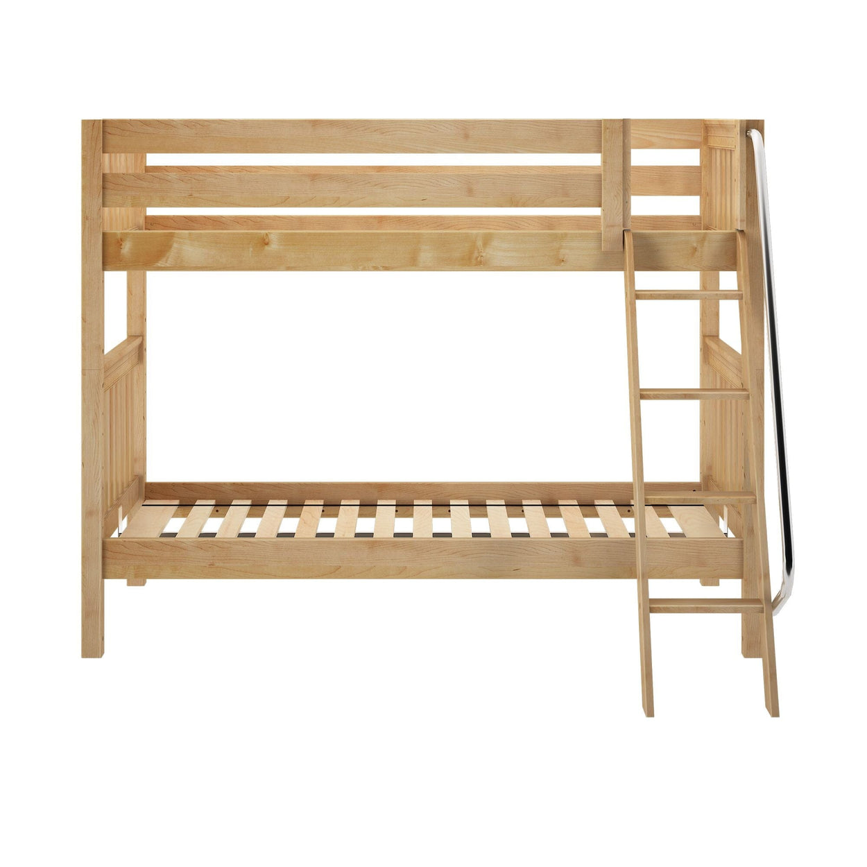 Natural wood bunk bed with ladder and metal slide, ideal for kids' bedroom furniture solutions.