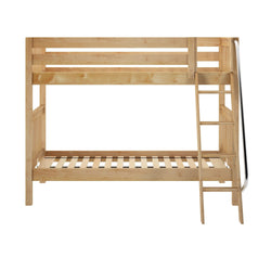 Natural wood bunk bed with ladder and metal slide, ideal for kids' bedroom furniture solutions.