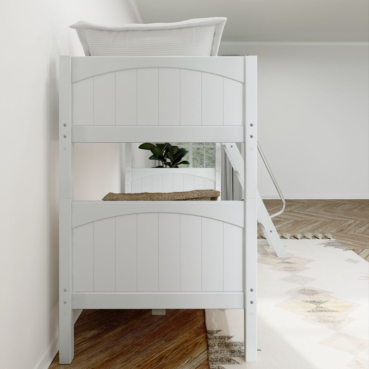 White wooden bunk bed with a cozy interior and a plant decorating the room.