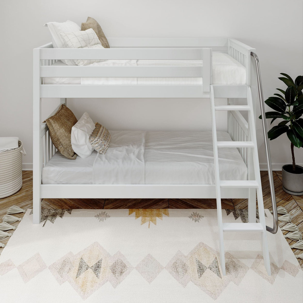 White wooden bunk bed with ladder and cushions in modern bedroom setting.