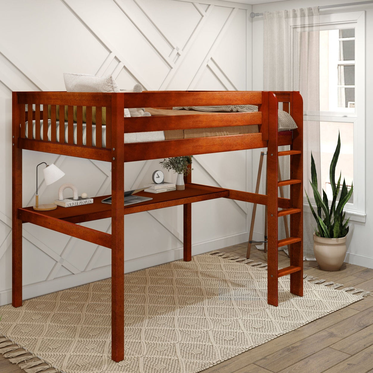 Wooden loft bed with built-in desk and ladder in a modern bedroom setting, featuring decorative plants and natural lighting.
