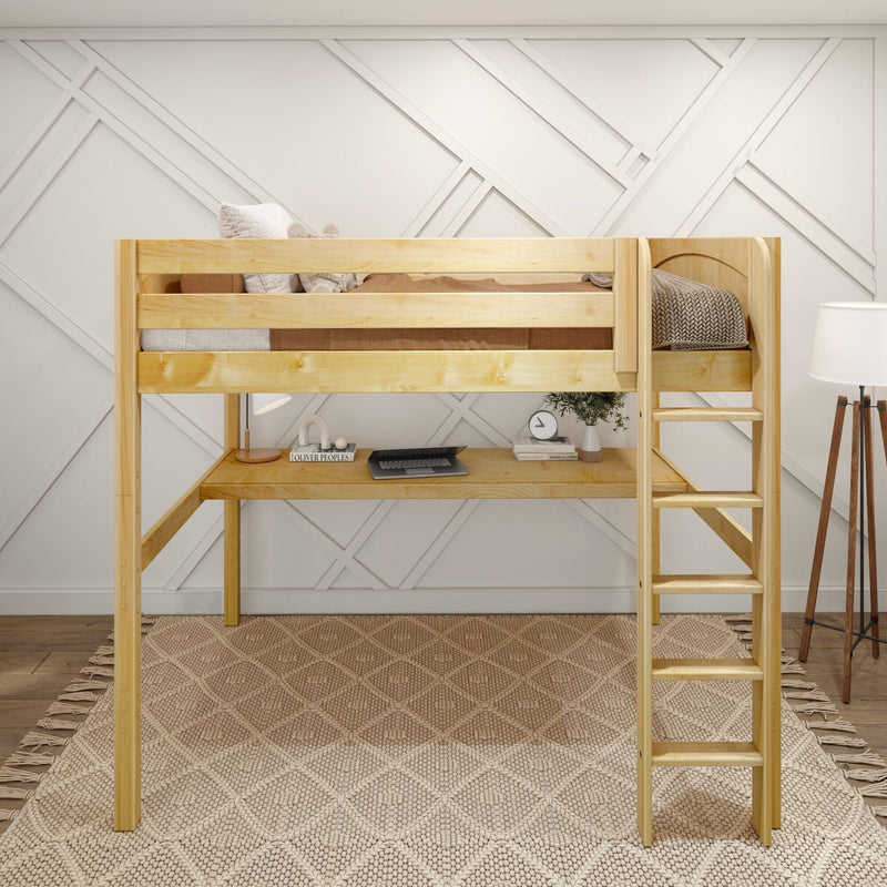 Light pine loft bed with built-in desk, ladder and neutral decor in a space-saving kids' bedroom study nook