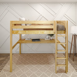 Wooden loft bed with integrated desk and ladder in a modern bedroom setting.