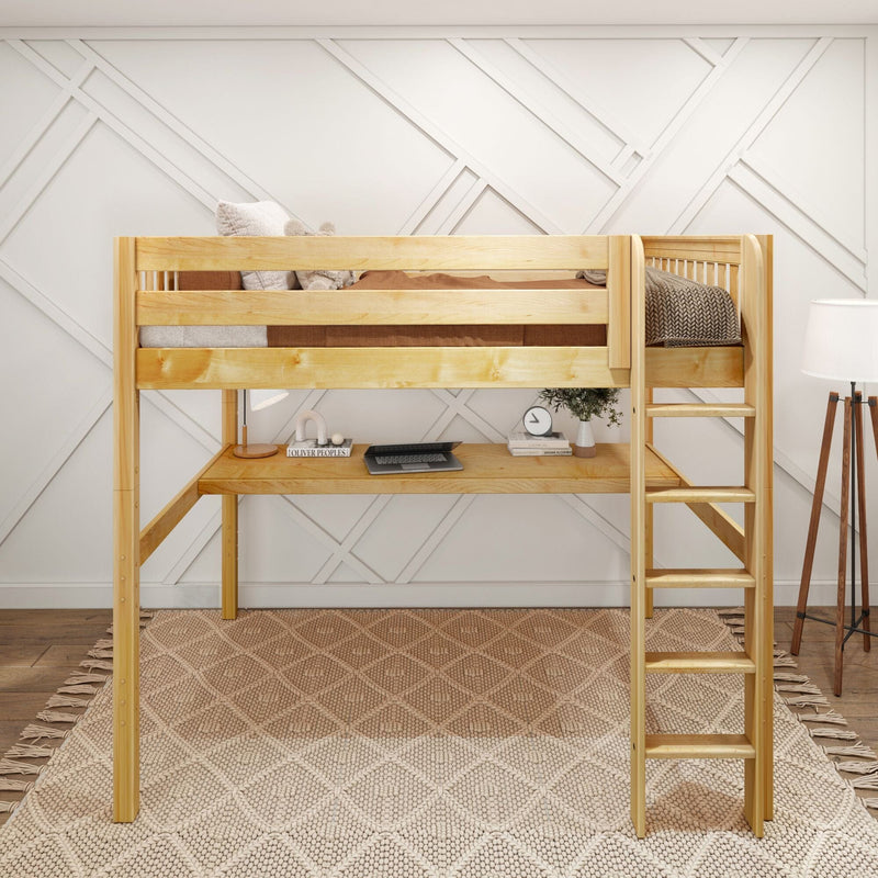 Natural pine loft bed with built-in desk and ladder in a neutral modern kids' bedroom featuring cozy bedding, textured woven rug, desk lamp and geometric white wall paneling