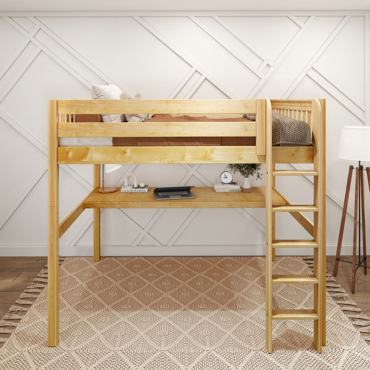 Loft bed with integrated desk and ladder in a modern, minimalist bedroom.