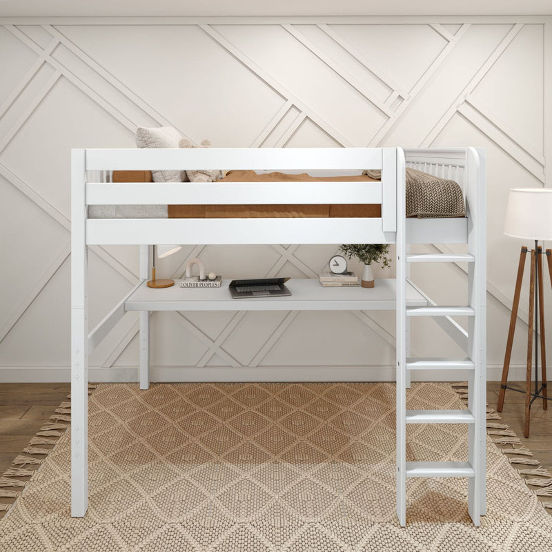 White wooden loft bed with built-in desk and ladder in a neutral kids bedroom with beige textured rug and geometric wall paneling