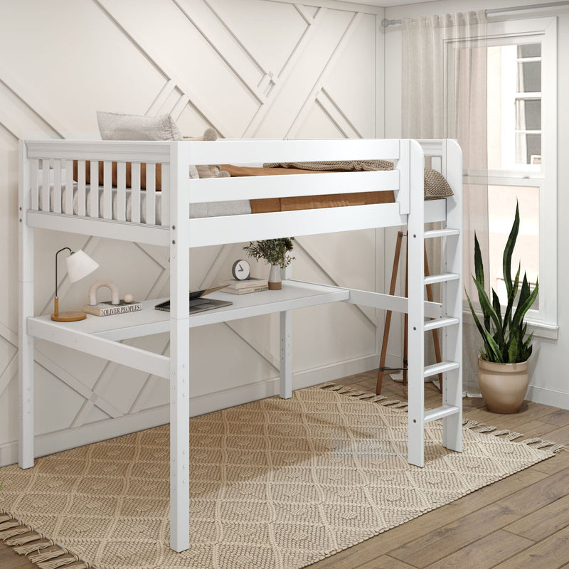 White twin loft bed with built-in desk and ladder in a modern neutral kids' bedroom, a space-saving study and storage solution