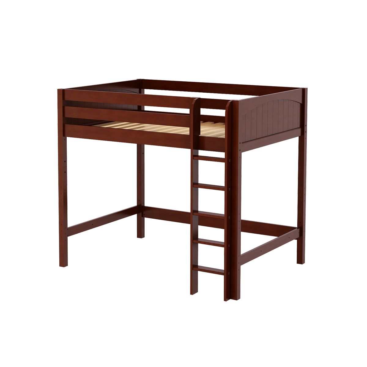 Wooden loft bed with ladder in a dark brown finish, space-saving design for kids' or teens' bedrooms.