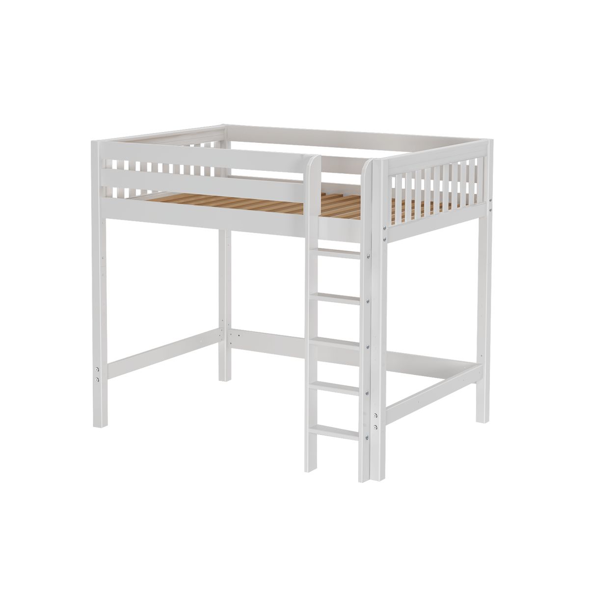 White wooden loft bed frame with ladder, ideal for space-saving bedroom furniture.