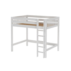 White wooden loft bed frame with ladder, ideal for space-saving bedroom furniture.