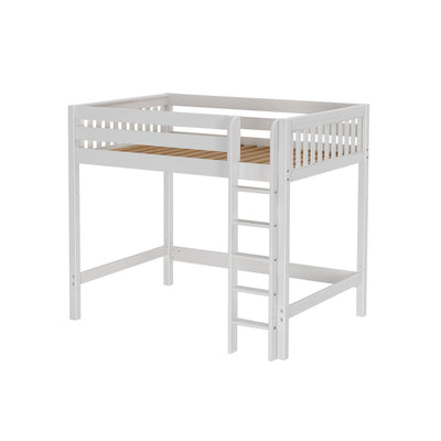 White wooden loft bed frame with ladder, ideal for space-saving bedroom furniture.