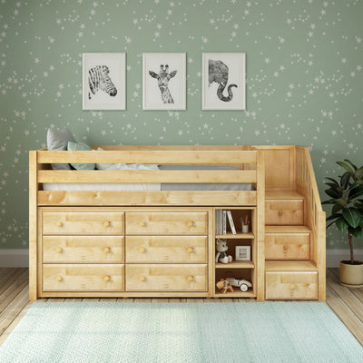 Children's wooden loft bed with storage drawers and staircase, star-patterned wallpaper, and animal artwork in cozy bedroom setup.