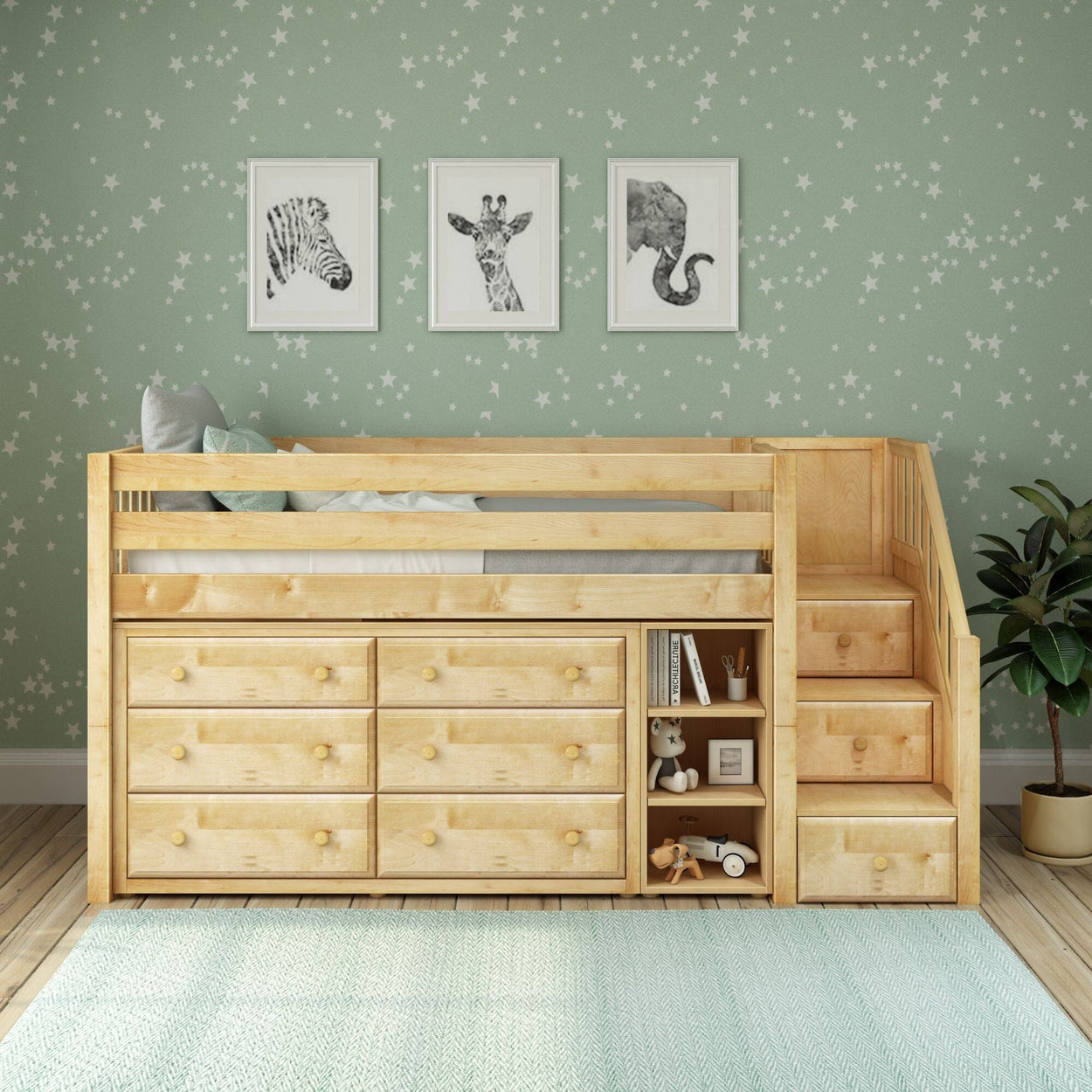 Kids' wooden loft bed with storage drawers and bookshelf in a star-themed bedroom.