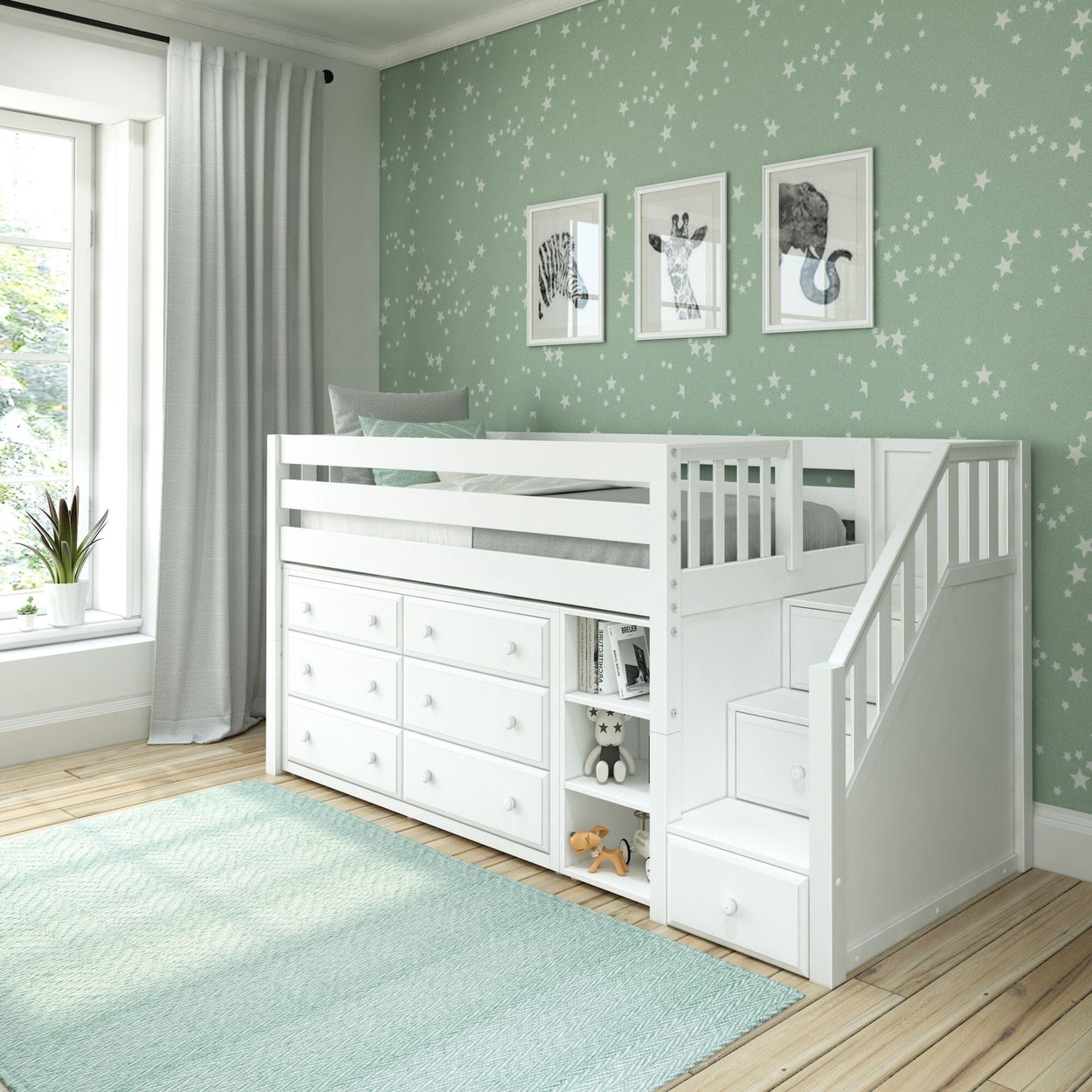 White loft bed with storage stairs and drawers in a children's room with star-patterned wallpaper and framed animal art.
