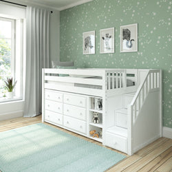 White loft bed with storage stairs and drawers in a children's room with star-patterned wallpaper and framed animal art.