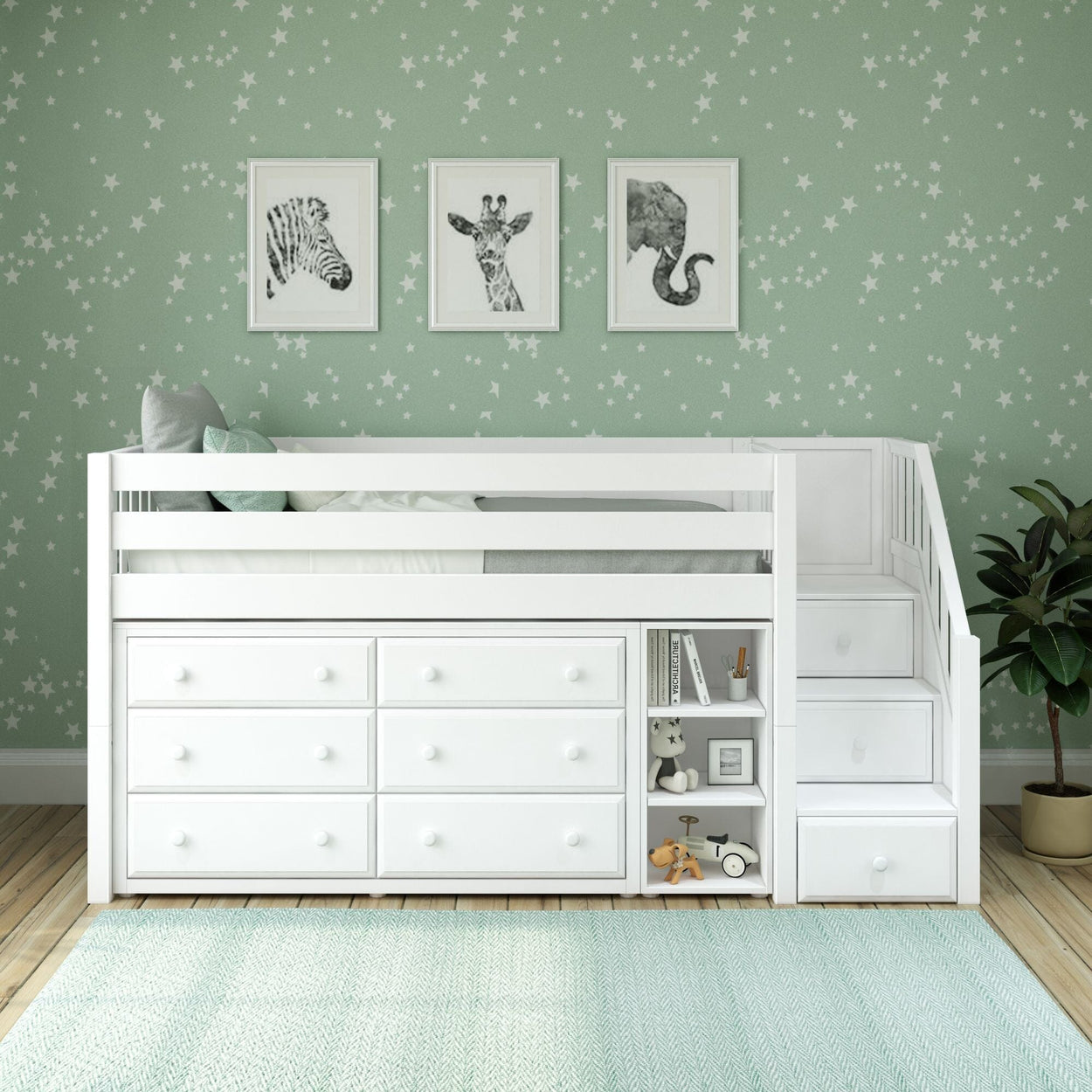 Loft bed with built-in drawers and shelves in a star-themed kids' bedroom.