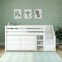 Loft bed with built-in drawers and shelves in a star-themed kids' bedroom.