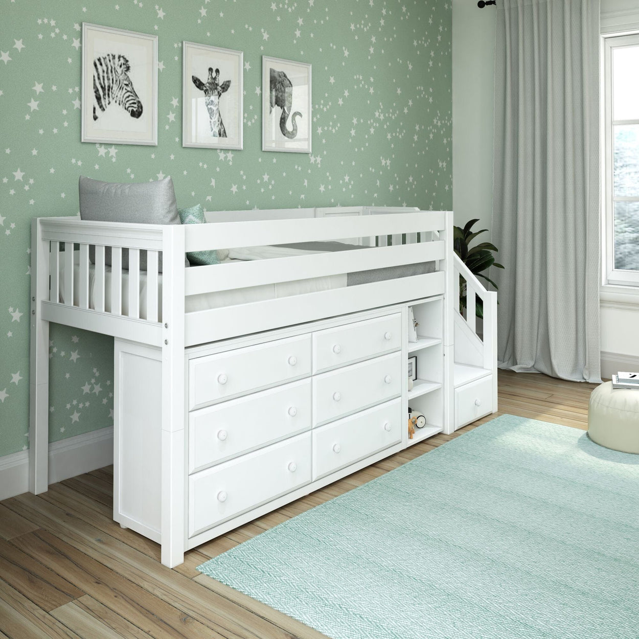 White loft bed with built-in storage and stairs in a children's room with animal wall art and star-patterned wallpaper.