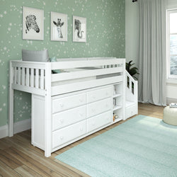 White loft bed with built-in storage and stairs in a children's room with animal wall art and star-patterned wallpaper.