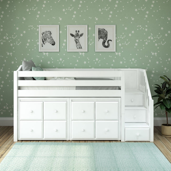 GREAT5 WC : Storage & Study Loft Beds Twin Low Loft Bed with Stairs + Storage, Curve, White