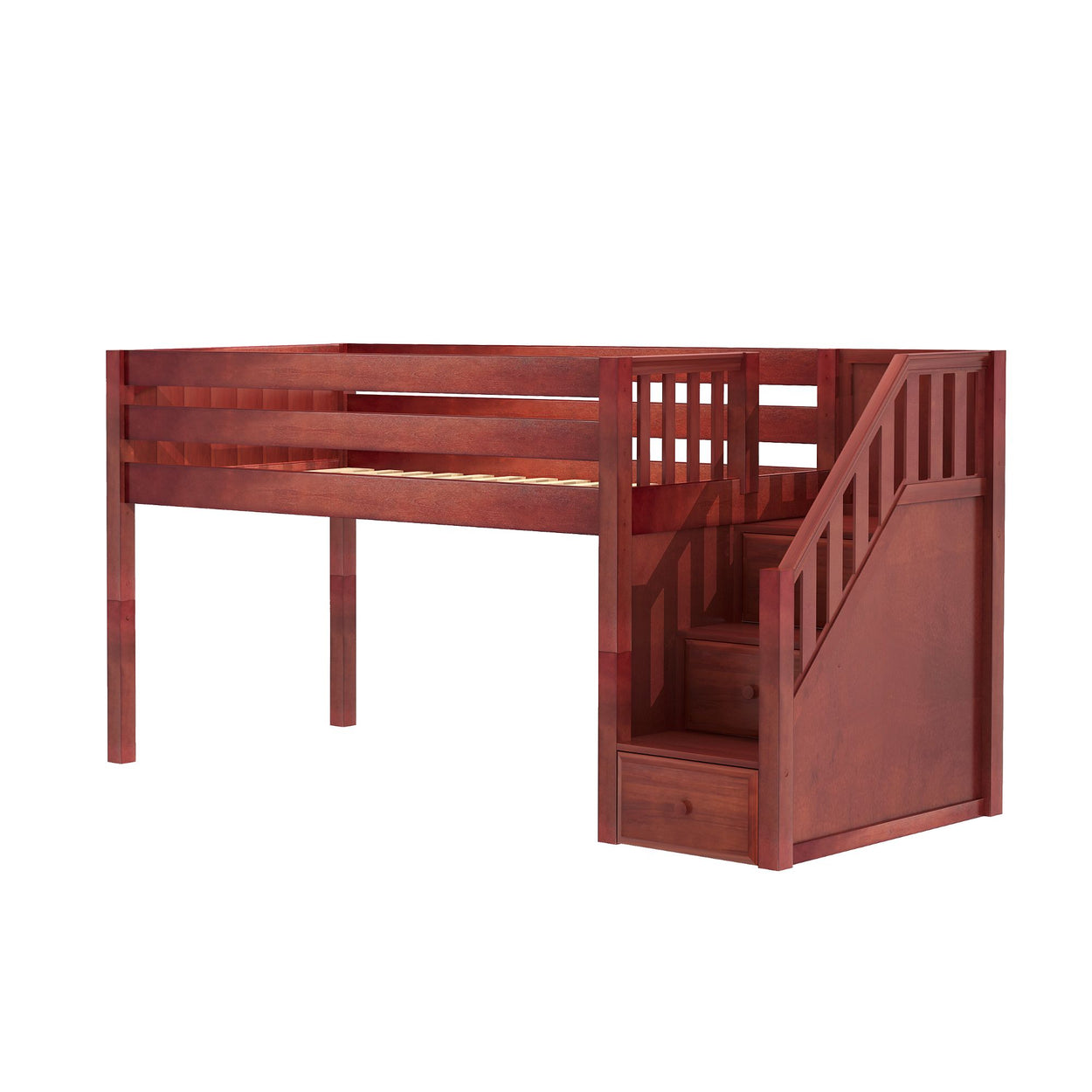 Wooden loft bed with staircase storage drawers in cherry finish, perfect for maximizing small bedroom space.