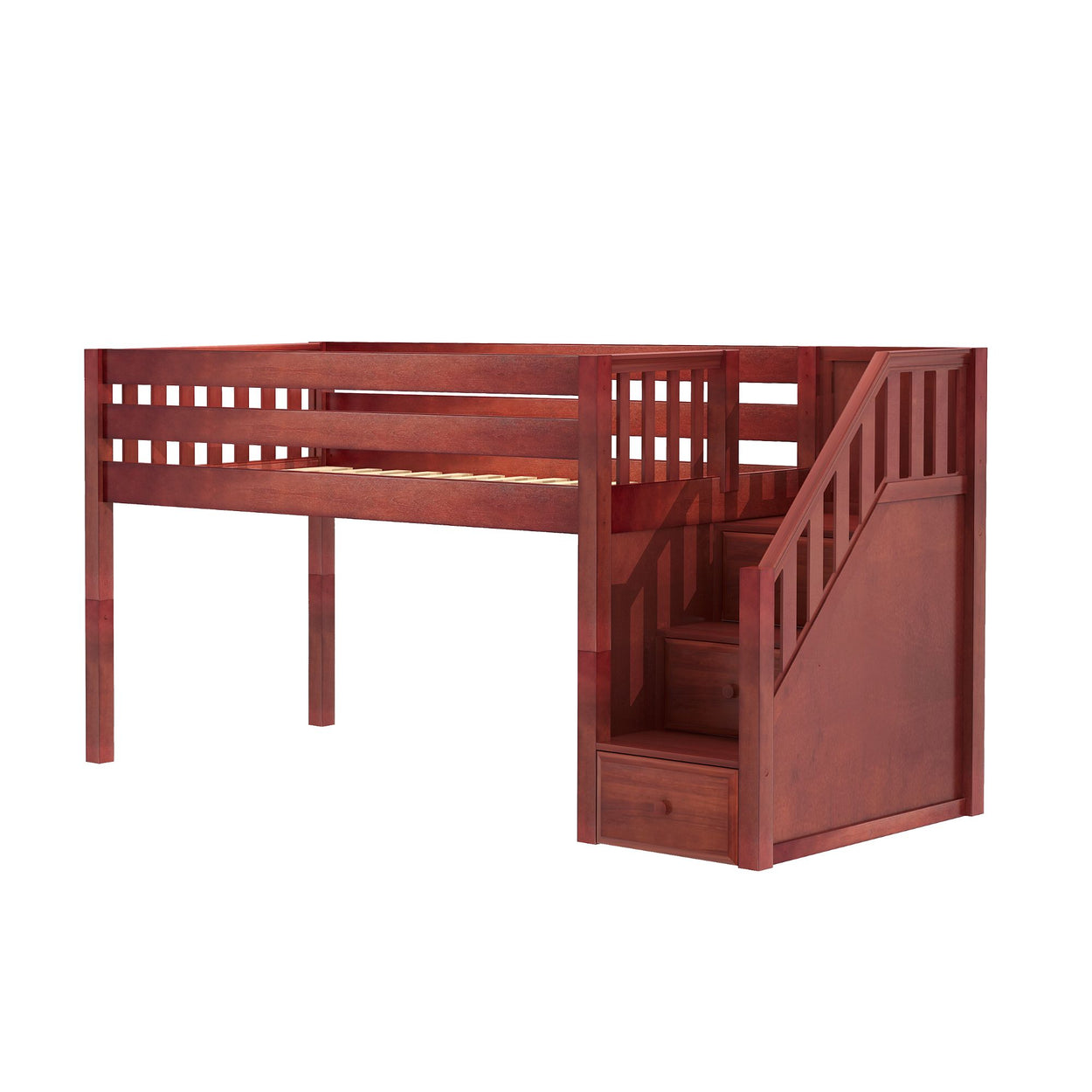 Wooden loft bed with built-in stairs and storage drawers for kids or small rooms