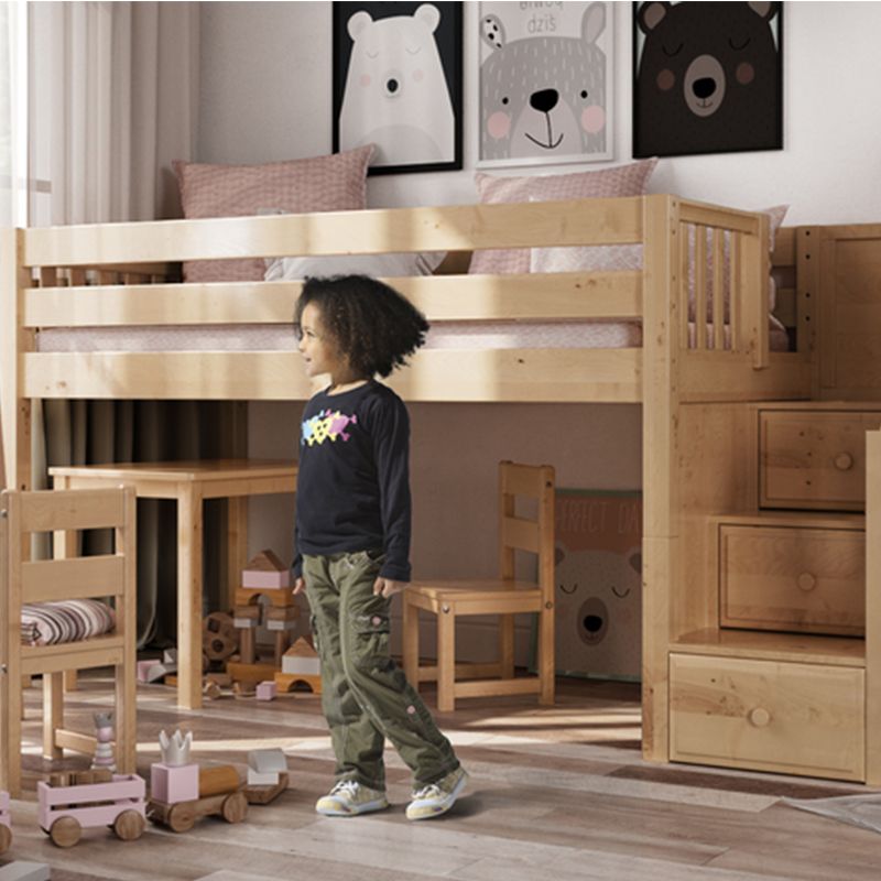 Childroom with wooden loft bed, educational toys, and playful wall art in cozy interior design.