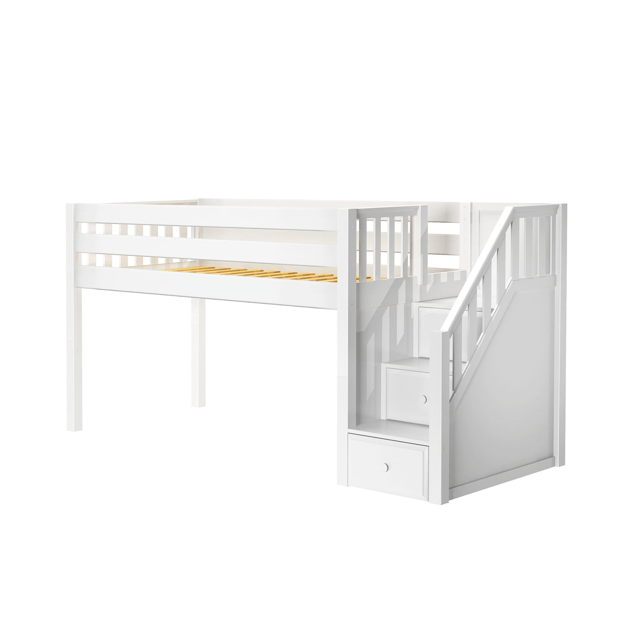 White wooden loft bed with storage stairs for kids' bedroom.