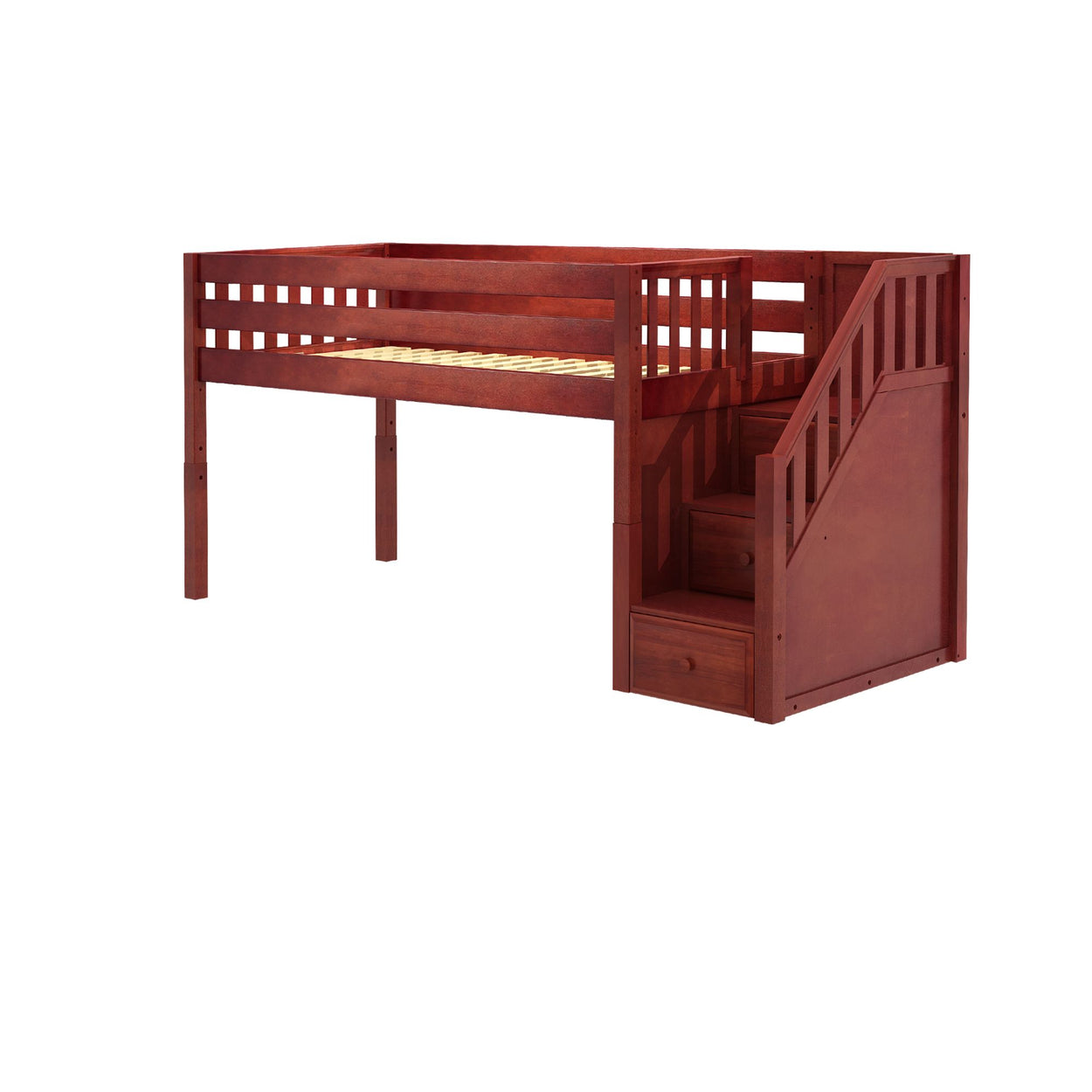 Loft bed with storage stairs in a rich wooden finish, ideal for maximizing small bedroom spaces.