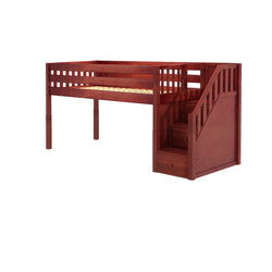 Loft bed with storage stairs in a rich wooden finish, ideal for maximizing small bedroom spaces.