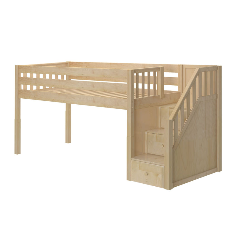 Natural maple wooden loft bed with built-in staircase, under-stair drawers, slatted guardrails and elevated slatted platform for mattress