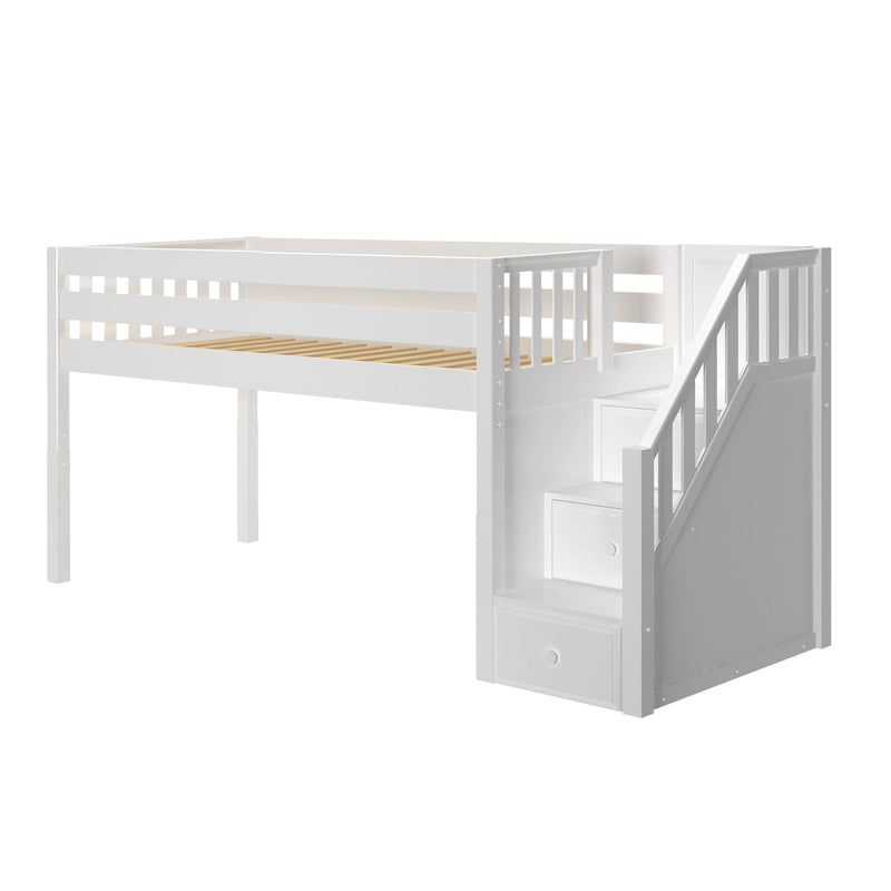 White wooden loft bed with built-in staircase and storage drawers, slatted mattress platform, space-saving kids' bunk bed