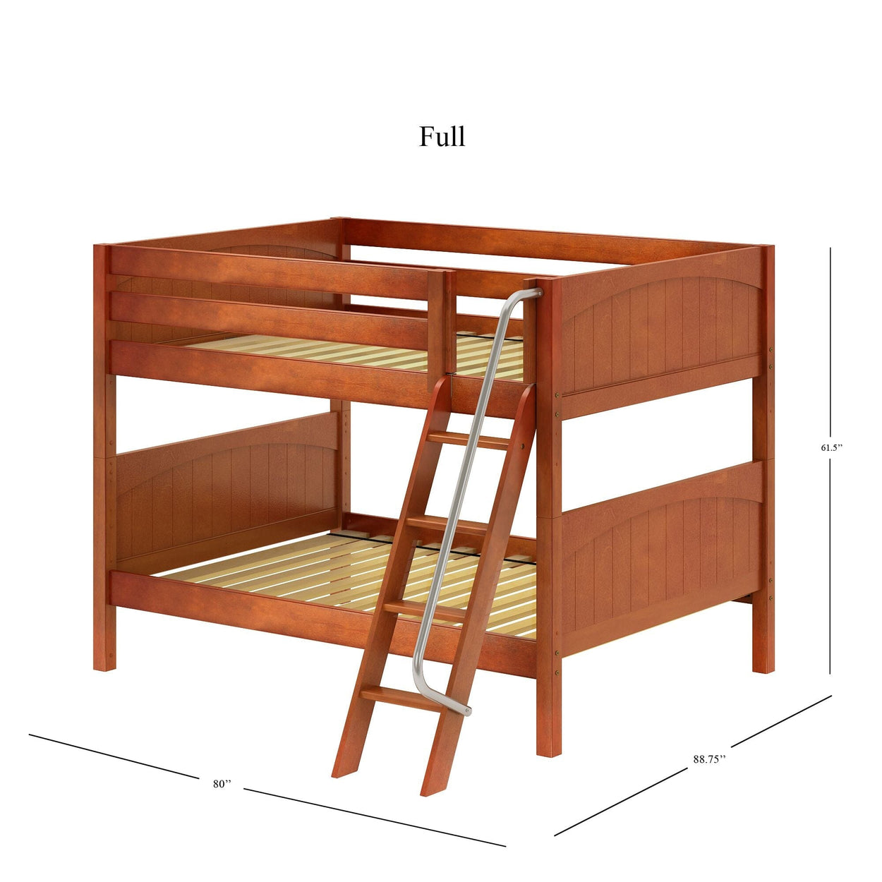 Full-size wooden bunk bed with integrated ladder, ideal for maximizing space in kids' bedrooms.