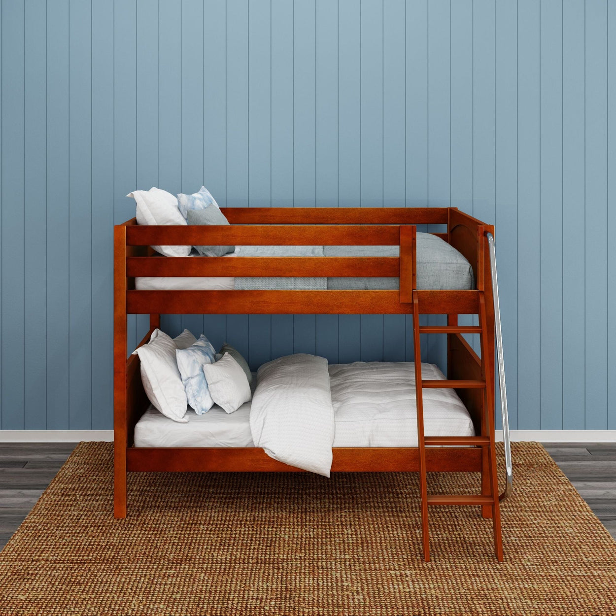 Wooden bunk bed with ladder against blue wall in modern bedroom.