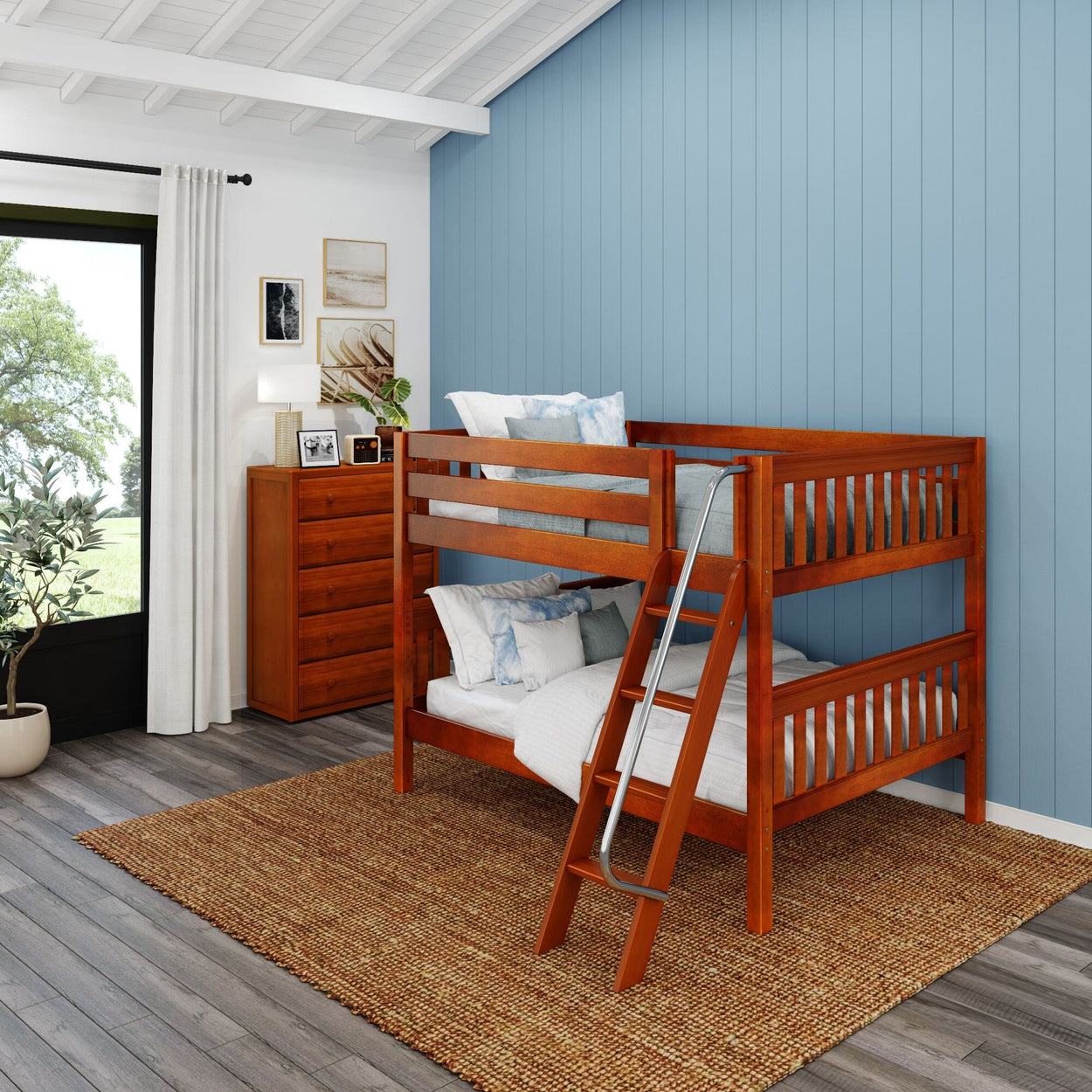 Stylish wooden bunk bed in modern children’s bedroom with blue accent wall and natural light.