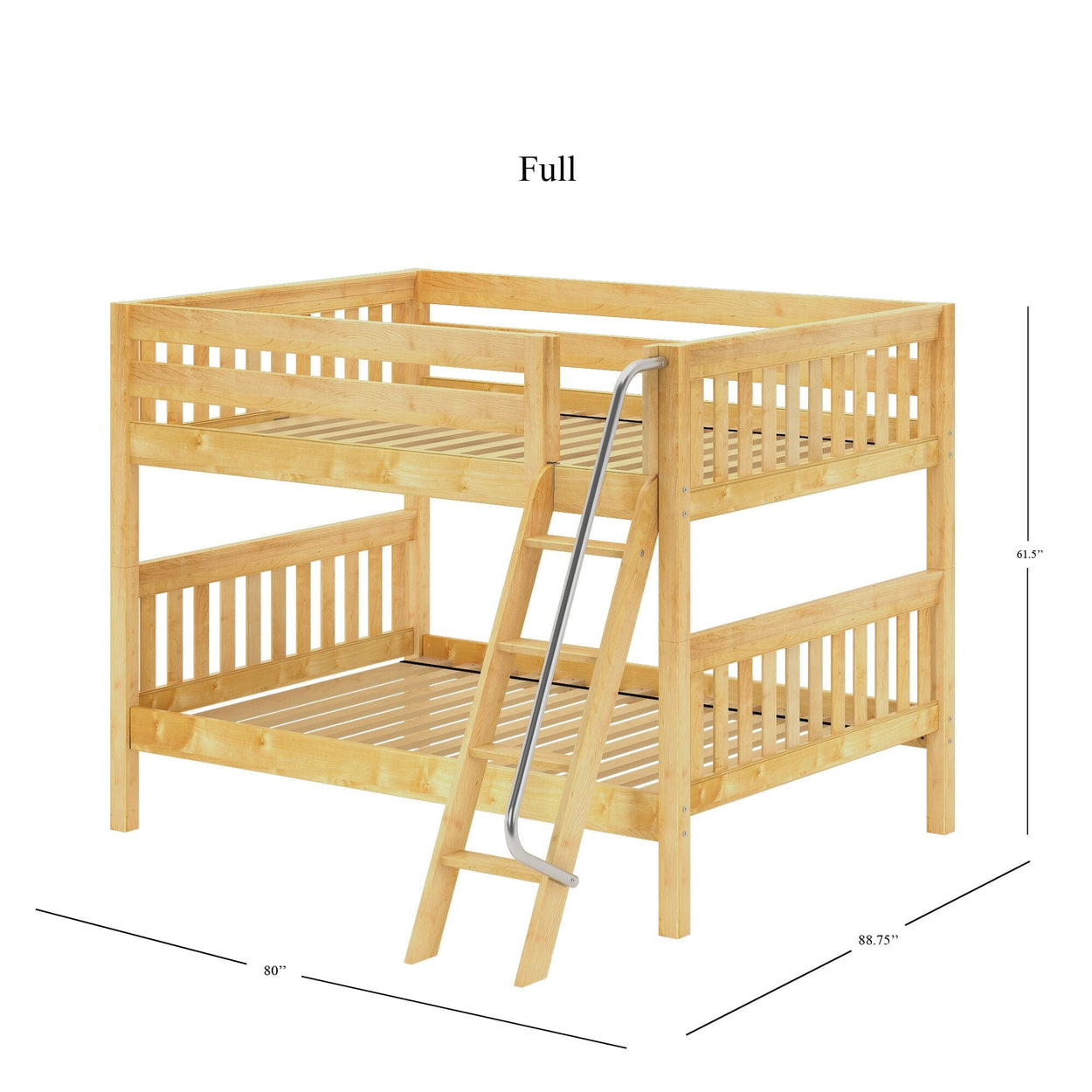 Wooden full-size bunk bed with ladder and safety rails, ideal for kids' bedrooms and space-saving furniture solutions.