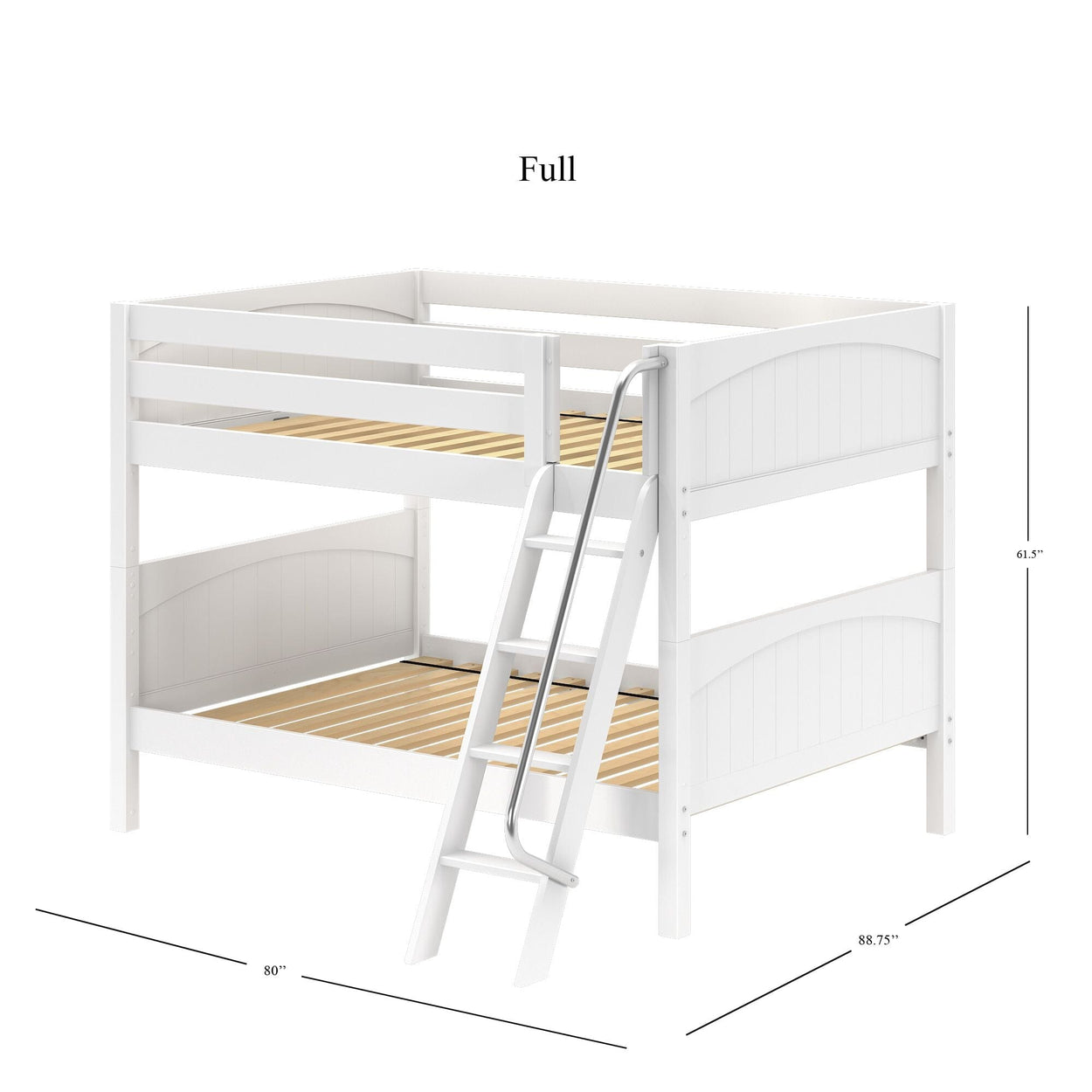 White wooden full-size bunk bed with ladder and safety rails, measuring 80 inches in length, 88.75 inches in width, and 61.5 inches in height.
