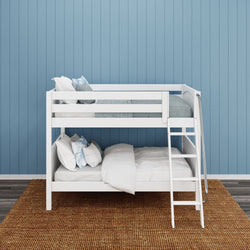 White bunk bed against a blue panel wall with cozy bedding and a ladder.