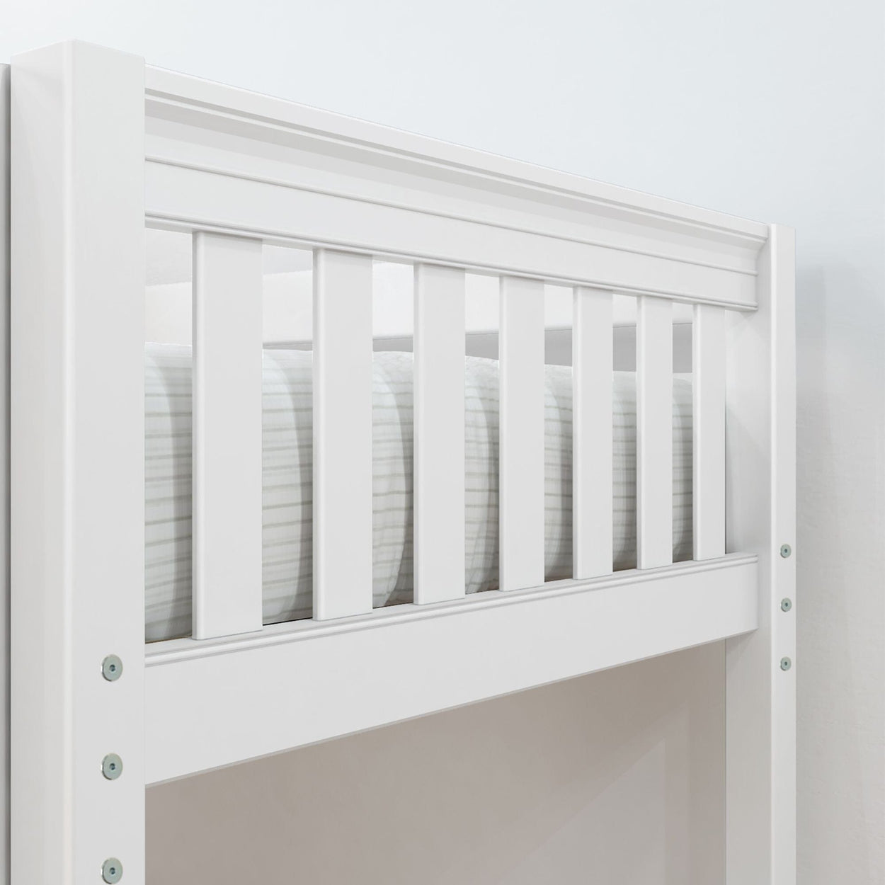 White wooden bunk bed frame with safety rails and striped mattress detail.