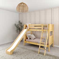 Wooden bunk bed with slide and ladder in modern kids room decor.