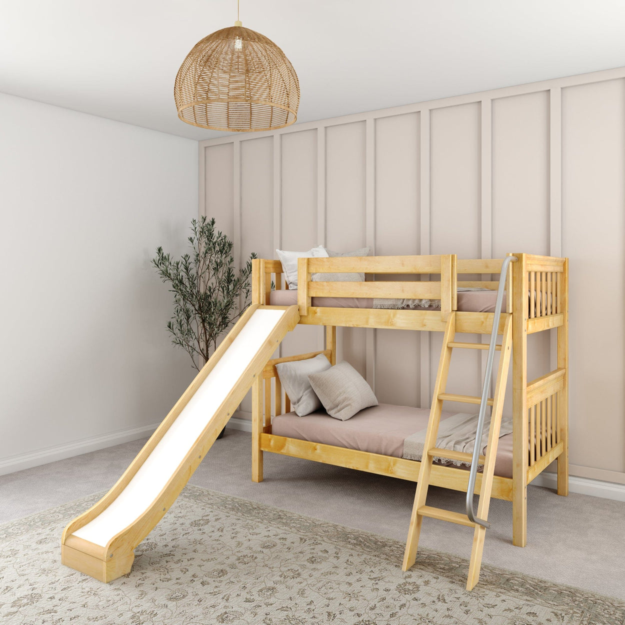 Wooden bunk bed with slide and ladder in modern kids room with neutral decor.
