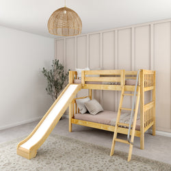 Wooden bunk bed with slide and ladder in modern kids room with neutral decor.