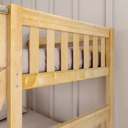 Wooden bunk bed close-up against a beige wall background, showcasing natural timber finish and slatted design.