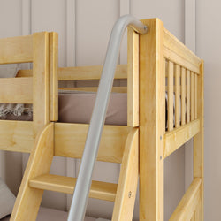 Wooden bunk bed with ladder and soft mattress in a cozy bedroom setting.